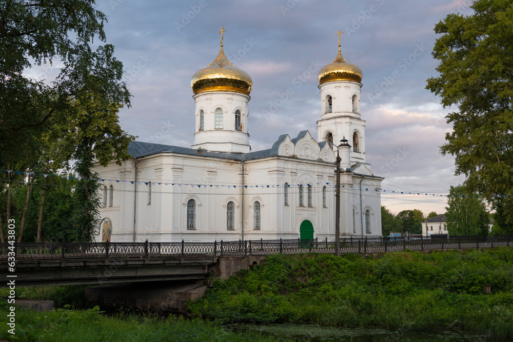 View of the ancient Cathedral of the Epiphany (1814) on a July morning. Vyshny Volochek, Russia