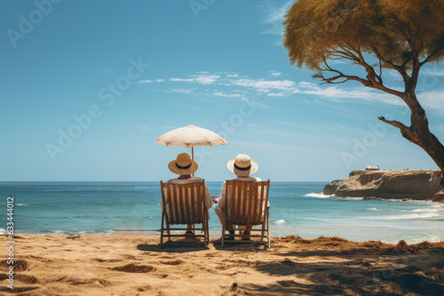 elderly couple sitting on sun lounger chair right on the beach by the sea