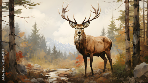 Standing Serene Deer in Mountain Forest, A Captivating Nature Illustration. Generated AI