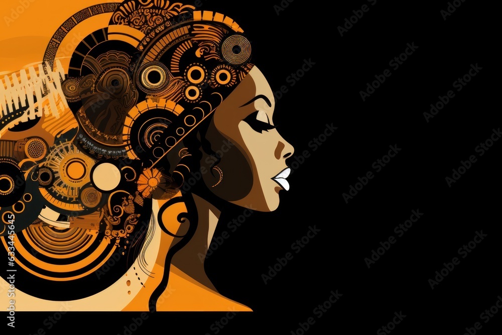 Vector banner dedicated to the celebration of black history month. female profile. On a black background. Place for text