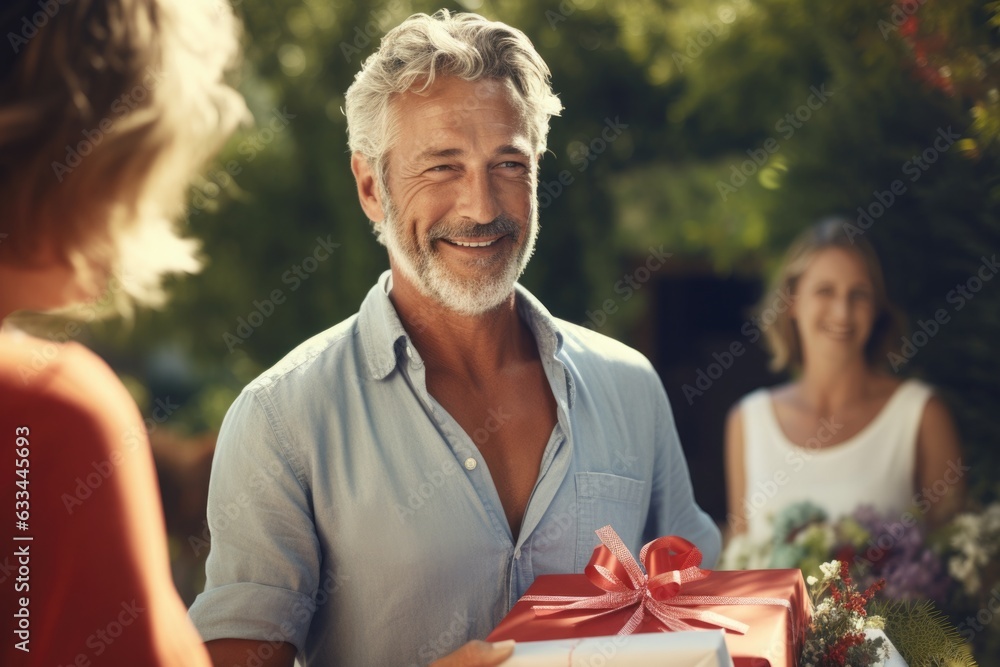Elderly man with silver hair and beard with gift box on blurry natural background, outdoor Elderly man with silver hair and beard with gift box on blurry natural background, outdoor