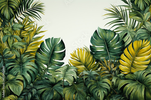Watercolor tropical plants leaves background with copy space