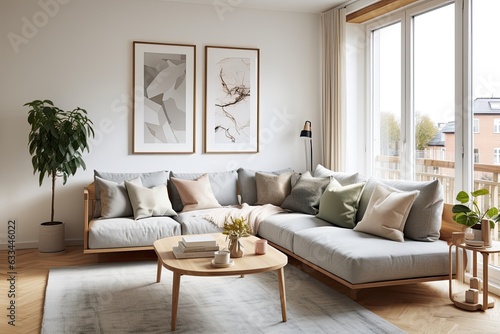 Scandinavian living room in modern apartment with wooden furniture  artwork  and personal touches.