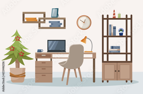 Christmas workroom interior. Christmas tree. Workplace, modern interior, office. Office with computer, home flower, clock, lamp. Work at home. Illustration in flat cartoon style.