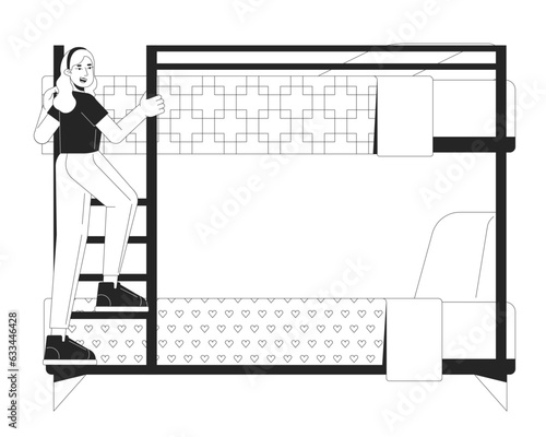 Female student climbing ladder on bunkbed flat line black white vector character. Editable outline full body person. Traveler girl in hostel simple cartoon isolated spot illustration for web design