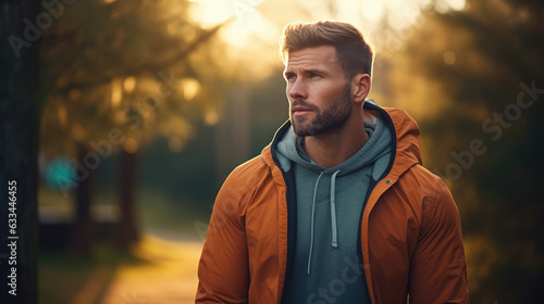 attractive young man with hoodie on park. casual portrait on nature photo