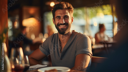 happy handsome young man smiling on table at restaurant