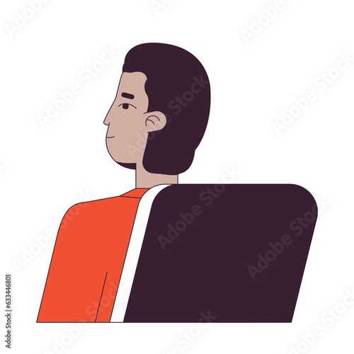 Engaged student indian man sitting in chair flat line color vector character. Editable outline half body person on white. Male millennial intern simple cartoon spot illustration for web graphic design