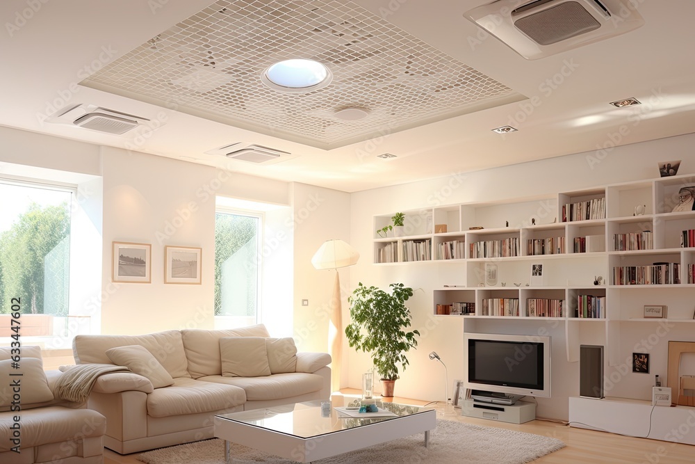 Home room ceiling ventilation refers to the modern interior air vent that is installed in the ceiling of a living space. - obrazy, fototapety, plakaty 