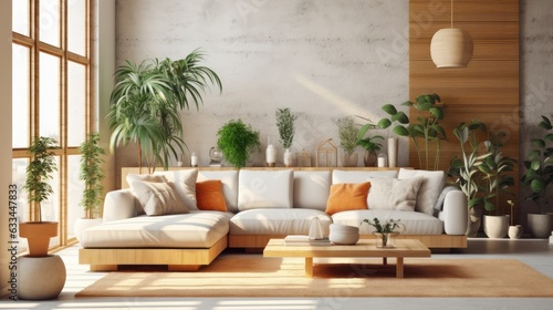Cozy elegant boho style living room interior in natural colors. Comfortable corner couch with cushions, many houseplants, wooden coffee table, rug on wooden floor, home decor. 3D rendering.