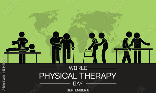 World Physical Therapy Day design. It has several type of therapy symbol on a green background with world map. Vector illustration
