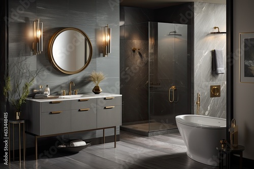 Foto A bathroom that has been updated includes a vanity cabinet in a shade of grey, a circular mirror positioned to overlook the shower, and faucets located at the back