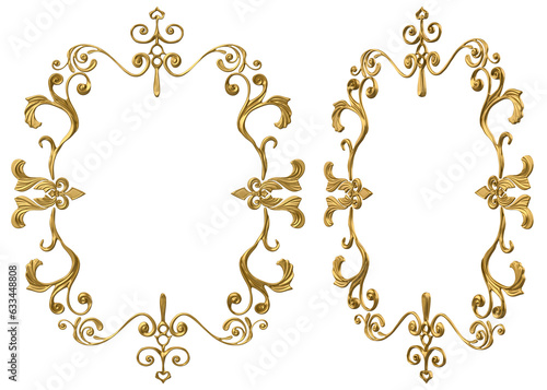 Isolated 3d render illustration of golden baroque antique ornate picture frame, front and 3/4 view.