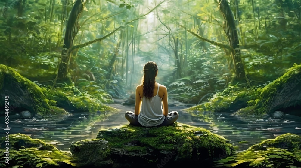 woman sitting in meditation in forest woman sitting in meditation in forest