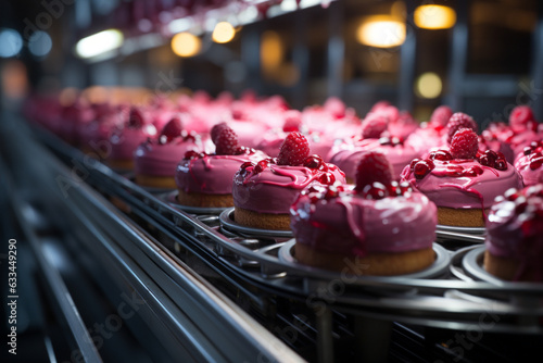 Conveyor belt smoothly transports delectable cakes in the bakery Generative AI