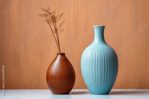 There are two vases on a beige background. One is a mediumsized sky blue vase with brown grooves, while the other is a small beige vase.