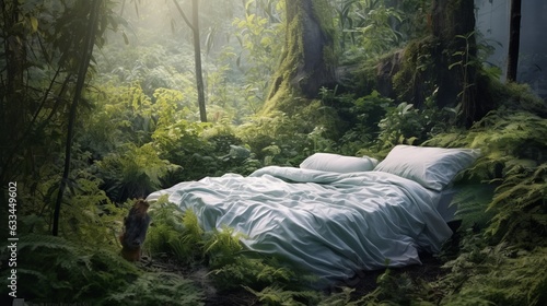bed with white bedding in the forest