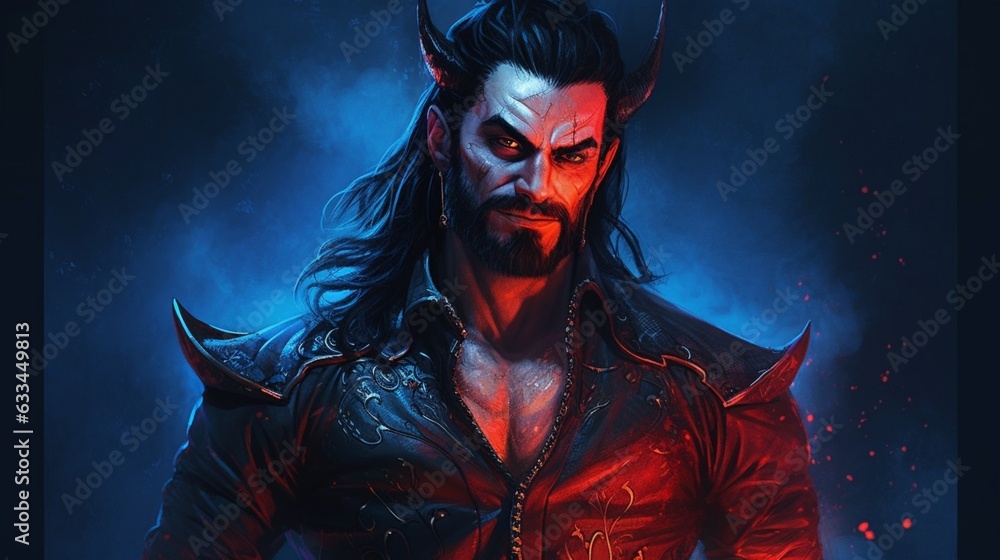 A blue skin tiefling intimidating confident smile semi.Generative AI A blue skin tiefling intimidating confident smile semi.Generative AI