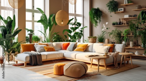 Cozy elegant boho style living room interior in natural colors. Comfortable corner couch with cushions, many houseplants, ottomans, coffee tables, rug on wooden floor, home decor. 3D rendering.
