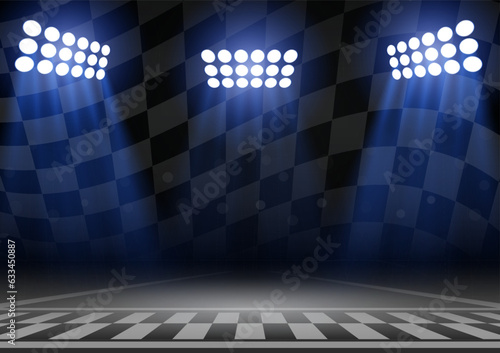 Asphalt racing track with Spotlight. Racing track Background with Start or Finish line. Go-kart track. Race track road. Vector Illustration.	