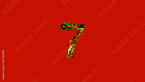 Number seven made of colorful tropical leaves. Leaf font concept. Unique collection of letters and numbers. Spring, summer and valentines creative idea. Tropical vibes.