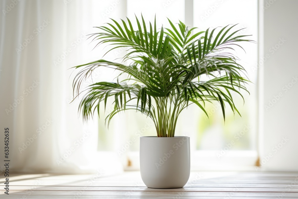 A decorative Areca palm (Dypsis lutescens) is placed in a potted indoor plant on a white table. A decorative Areca palm (Dypsis lutescens) is placed in a potted indoor plant on a white table.