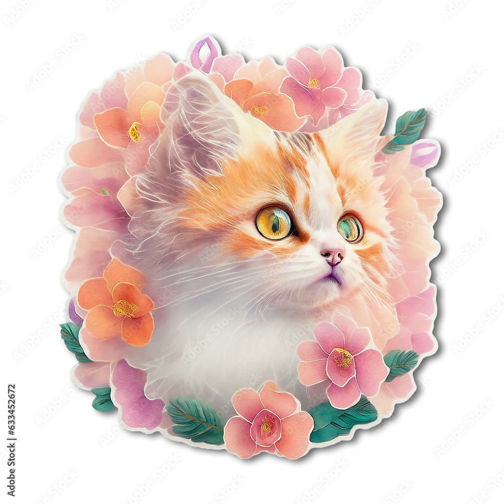 Fototapeta Whimsical Kitten Sticker: Playful Feline Surrounded by Blooms