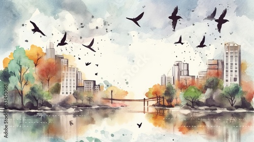 painted panorama of the city on river