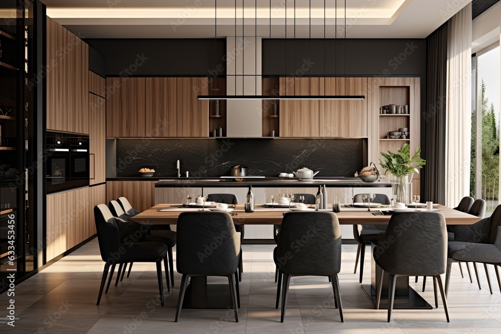 A contemporary kitchen interior is designed with a minimalistic approach, featuring sleek wooden furniture, stylish decor, and modern household appliances. The dining room is bright, adorned with