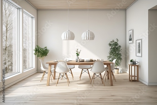 Scandinavian style dining room with light walls, white furniture, and empty space.