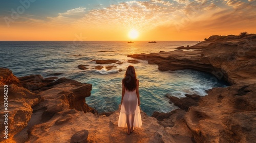 A stylish young woman traveler watches a beautiful sunset on the rocks on the beach, Cyprus, Cape Greco, a popular destination for summer travel in Europe Generative AI photo