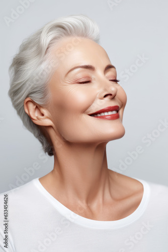 Woman with white hair smiling and wearing white t - shirt with her eyes closed.
