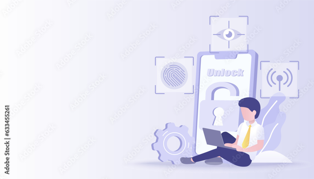 Unlock your account by password, fingerprint, iris scan. Online access account, safety and security from hacker and cyber attack. Flat vector design illustration with copy space.