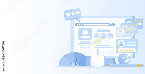Variety elements of customer satisfaction, survey, feedback, review, customer loyalty, comment, positive and negative thinking. Flat vector design illustration with copy space.