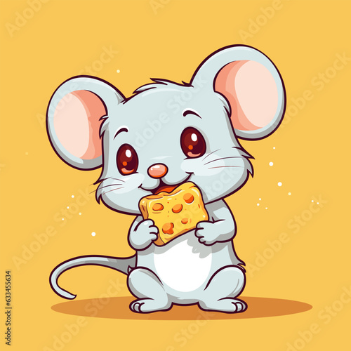 Cartoon mouse eating piece of cheese on yellow background with yellow background.