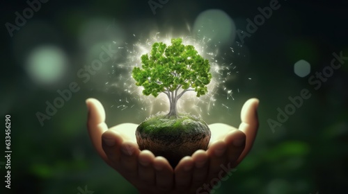 Symbolic magic green tree in human hands on blurred background. Respect for nature, sustainable energy, care for the environment, ecological development. Earth Day concept. Copy space. 3D rendering.