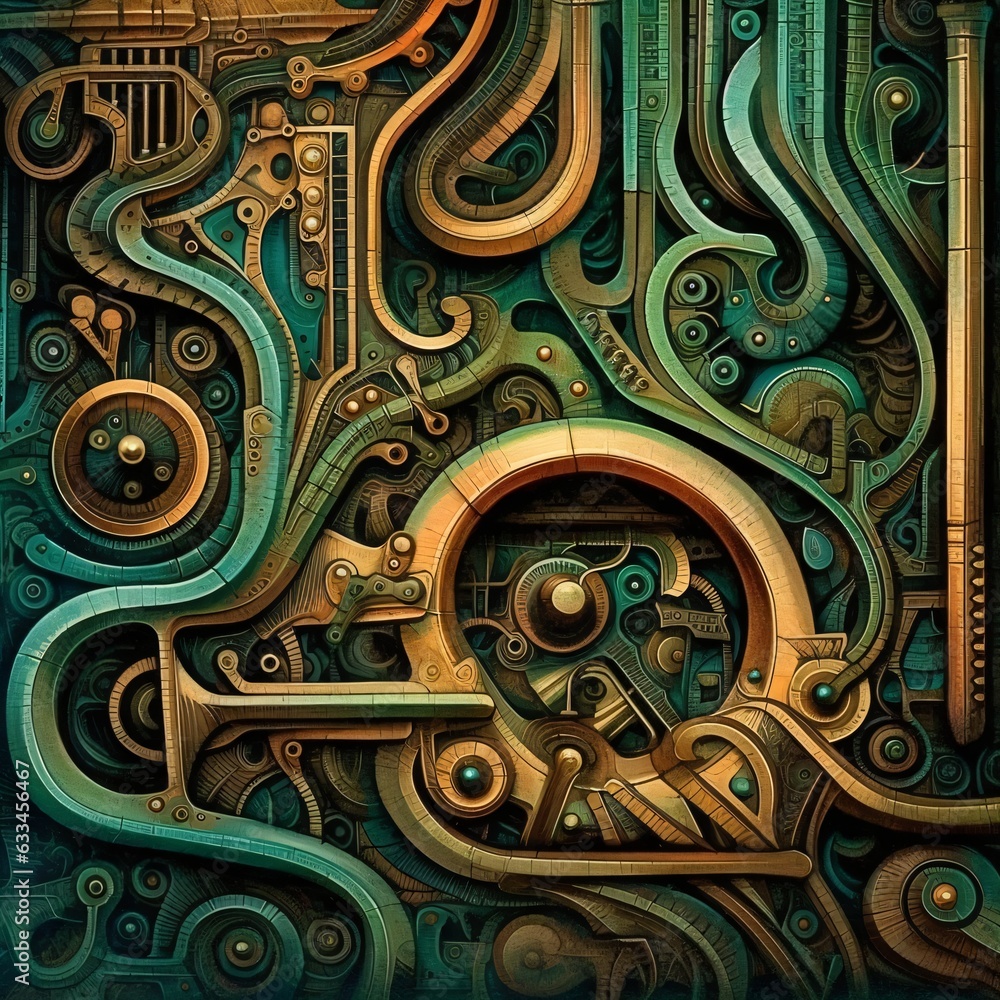 surreal steampunk relief, musical abstract pattern made of patinated copper