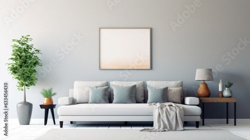 Front view of a modern luxury living room. Light blue wall with poster template, comfortable couch with cushions, coffee table, green plant in floor pot, home decor. Mockup, 3D rendering.