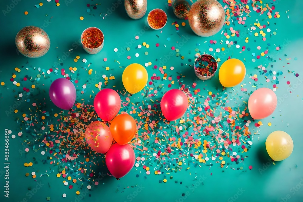 Beautiful happy birthday Background With Balloons, cake with candel and happy birthday texted on it - Generative AI Beautiful happy birthday Background With Balloons, cake with candel and happy birthday texted on it - Generative AI