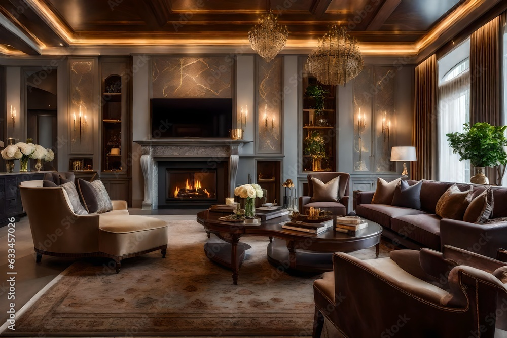 Fototapeta premium Beautiful interior design, Luxury Interior with fireplace - Generative AI