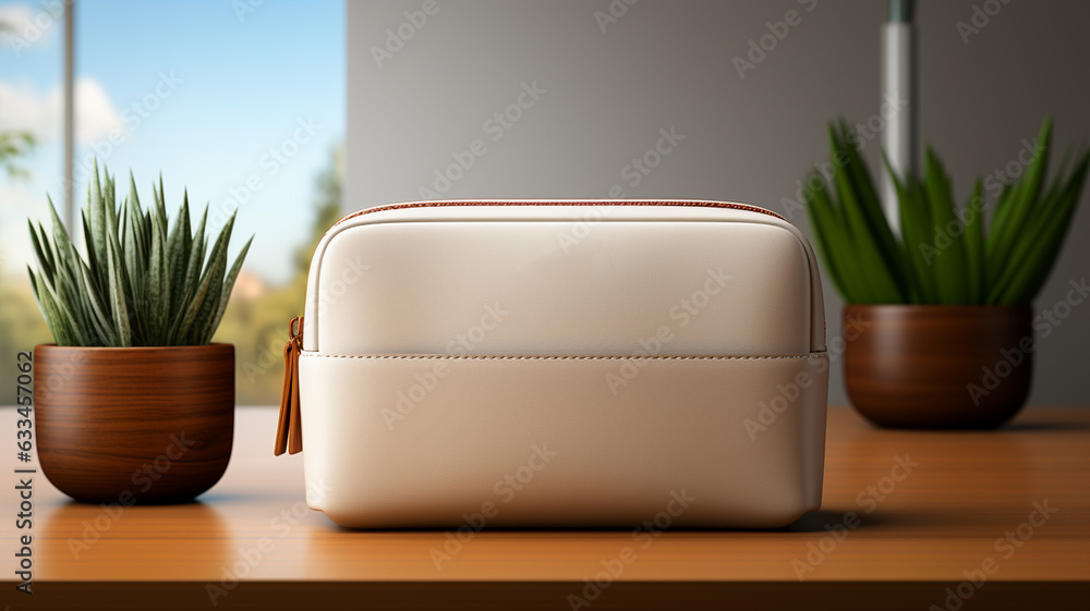 stylish leather bag with white handles on a gray background. stylish leather bag with white handles on a gray background.
