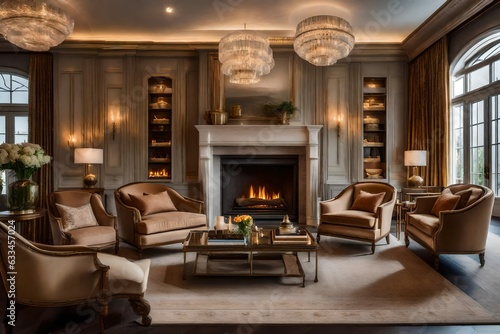 Beautiful interior design, Luxury Interior with fireplace - Generative AI