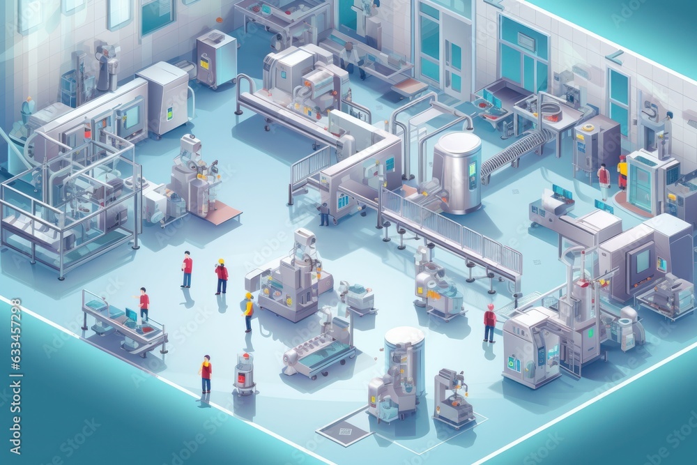 Obraz premium 3D mockup illustration of contemporary high-tech production workshop. Facility with modern industrial machinery and conveyors. Manufacturing process: pharmaceutics, semiconductors, biotechnology.