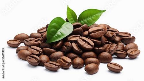 Coffee beans that have been roasted and are isolated on a white background