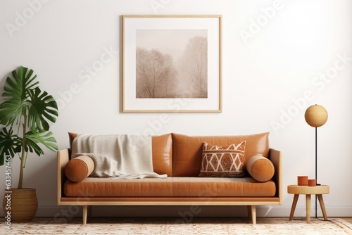 An interior design concept for a living room includes a mockup poster frame, a brown sofa, plants, a wooden coffee table, a lamp, a ball, a stylish rug, a plaid, pillows, and personal accessories
