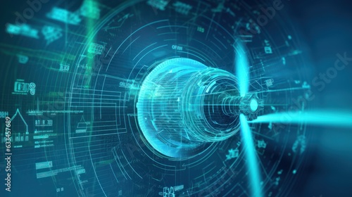 Graphic image of rotating wind generator and diagram of energy production and use. Sustainable wind energy process. Virtual data technology. Green energy production. Mockup, illustration.