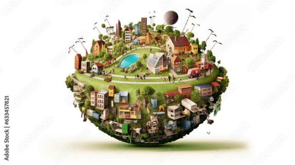 Obraz premium Sketchy 3D illustration, symbolizing the circular nature of urban life, economic development. Habitation, energy, industry, science, recreation, transportation, recycling. Mockup, white background.