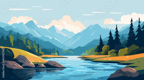 Lake in the mountains, vector illustration. Based on AI generative image. © Shockolada