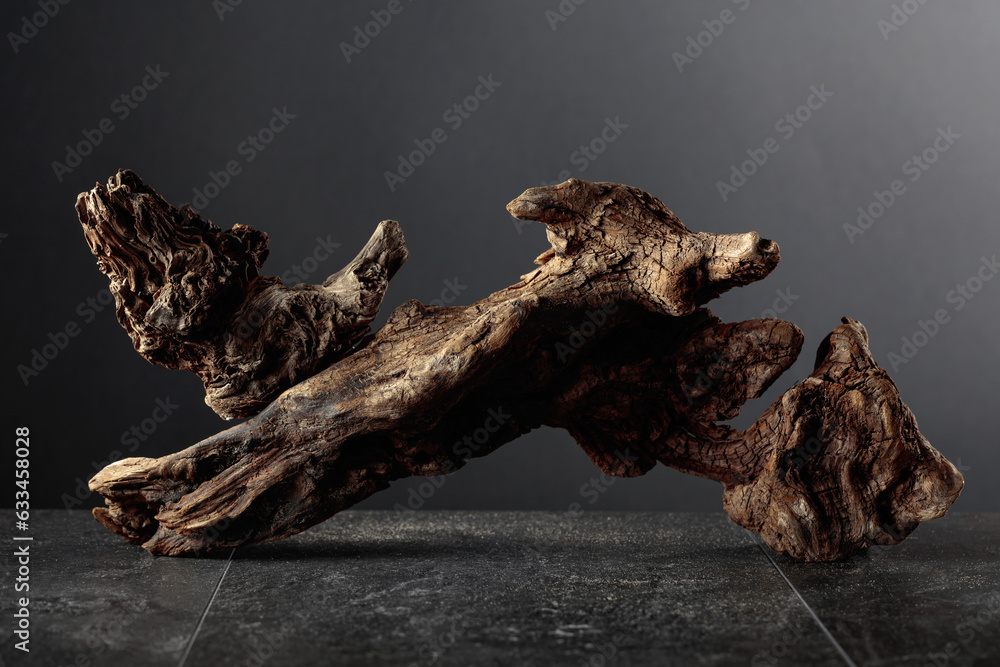 Old dry wooden snag on a black stone table. Old dry wooden snag on a black stone table.