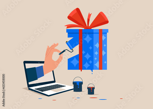 Hand human from the screen laptop to paint a gift certificate. Referral rewards and Loyalty Marketing Program. Flat vector illustration